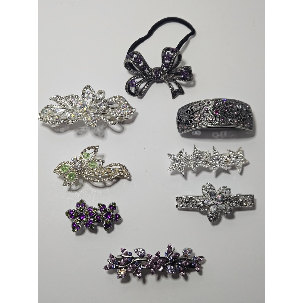 Vintage Rhinestone Hair Barrettes Lot 7pc Crystal Flower Star Bow Sparkly Clips